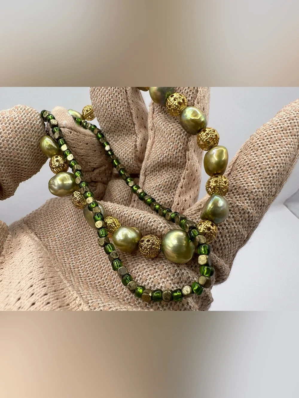 Genuine Olive Green Cultured Pearl Bracelet Set Gold Filigree Boho Stack 2Pc